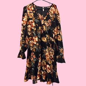 Floral Black Silky Ruffled Faux-wrap Dress